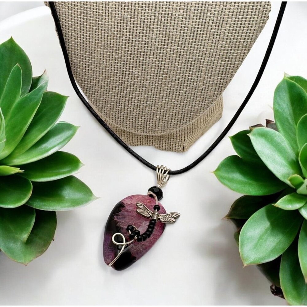 Dragonfly Teardrop Pendant Necklace Pink Black Stone Corded Silver Tone